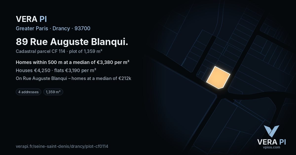 89 Rue Auguste Blanqui, Drancy at night – the plot lit, the parcels around coloured by the prices near them