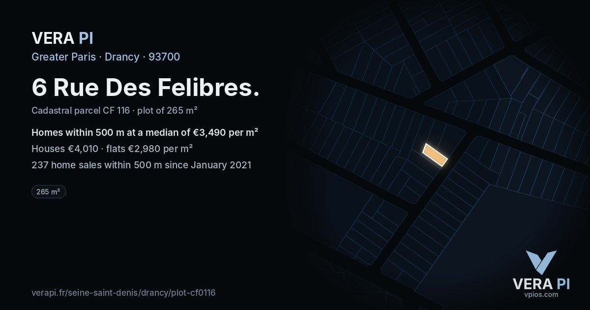 6 Rue Des Felibres, Drancy at night – the plot lit, the parcels around coloured by the prices near them