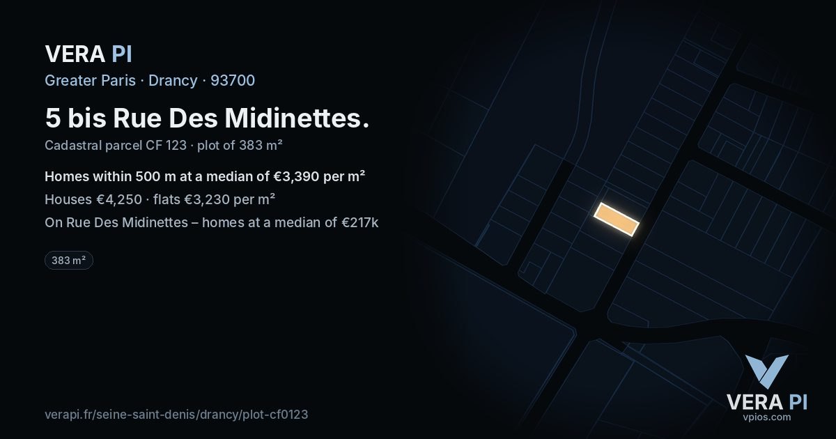5 bis Rue Des Midinettes, Drancy at night – the plot lit, the parcels around coloured by the prices near them