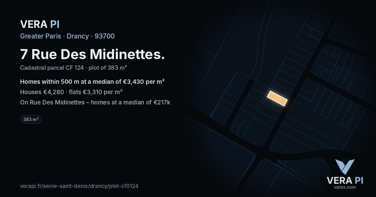 7 Rue Des Midinettes, Drancy at night – the plot lit, the parcels around coloured by the prices near them