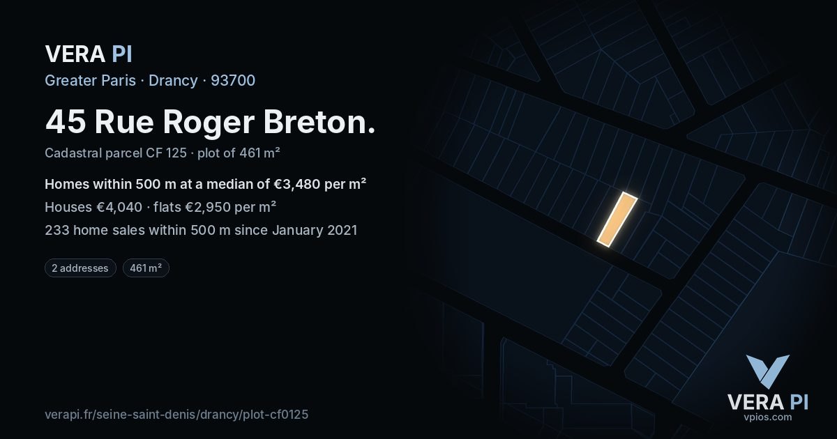 45 Rue Roger Breton, Drancy at night – the plot lit, the parcels around coloured by the prices near them