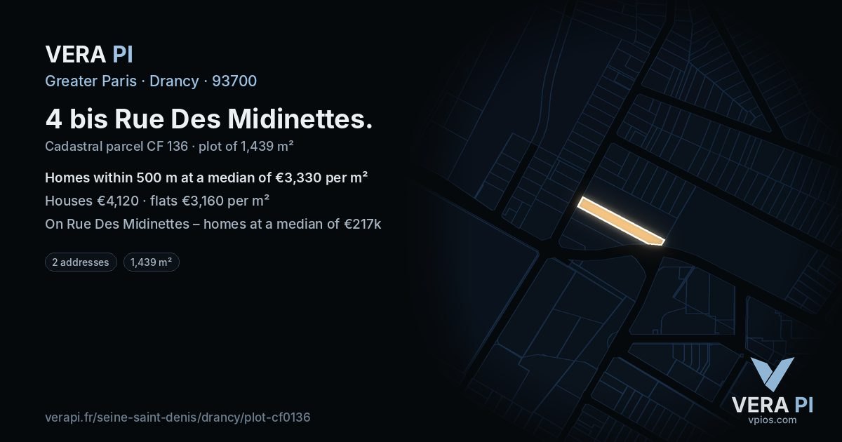 4 bis Rue Des Midinettes, Drancy at night – the plot lit, the parcels around coloured by the prices near them