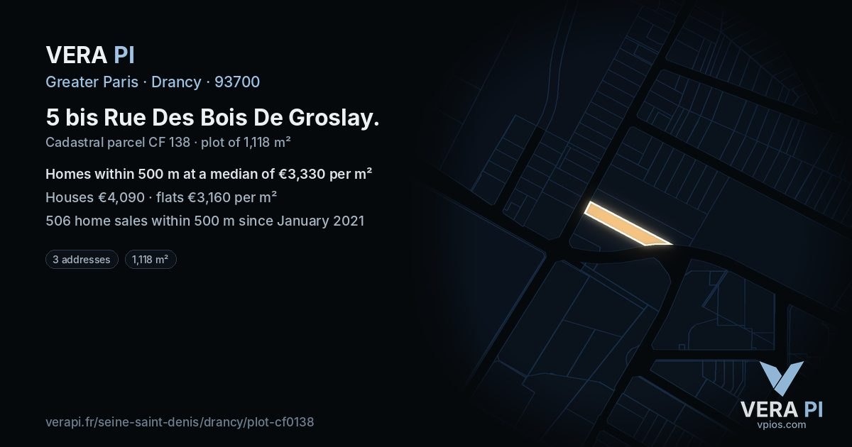 5 bis Rue Des Bois De Groslay, Drancy at night – the plot lit, the parcels around coloured by the prices near them