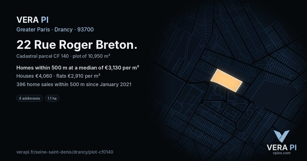 22 Rue Roger Breton, Drancy at night – the plot lit, the parcels around coloured by the prices near them