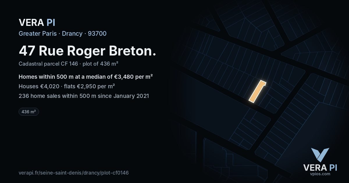 47 Rue Roger Breton, Drancy at night – the plot lit, the parcels around coloured by the prices near them