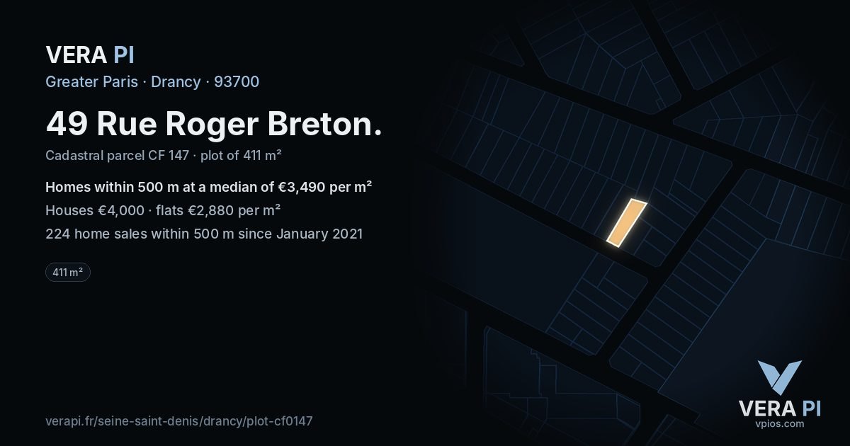 49 Rue Roger Breton, Drancy at night – the plot lit, the parcels around coloured by the prices near them