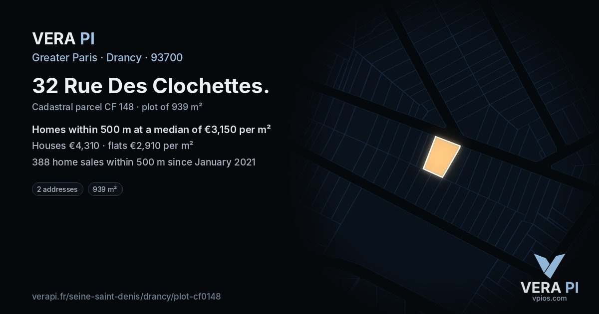 32 Rue Des Clochettes, Drancy at night – the plot lit, the parcels around coloured by the prices near them