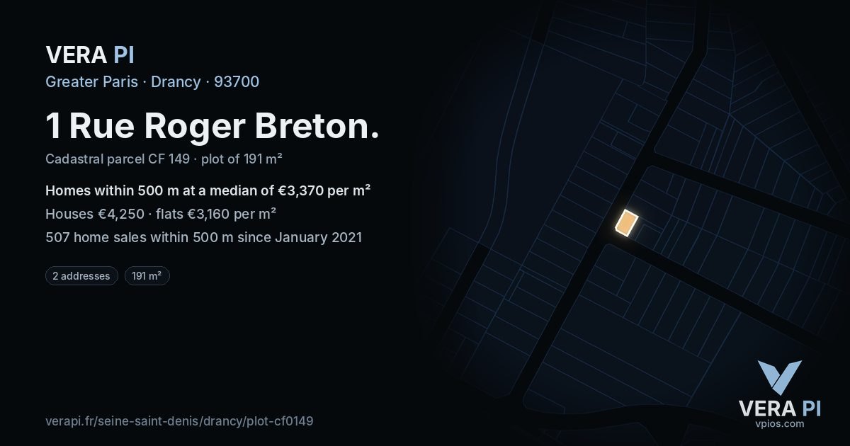 1 Rue Roger Breton, Drancy at night – the plot lit, the parcels around coloured by the prices near them