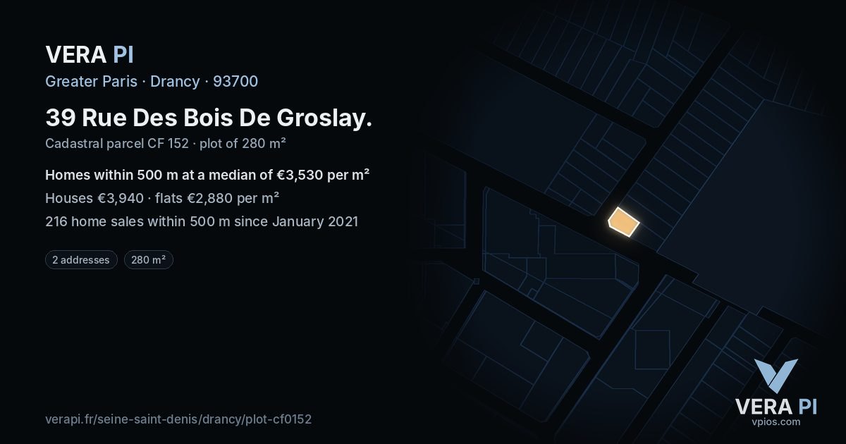39 Rue Des Bois De Groslay, Drancy at night – the plot lit, the parcels around coloured by the prices near them