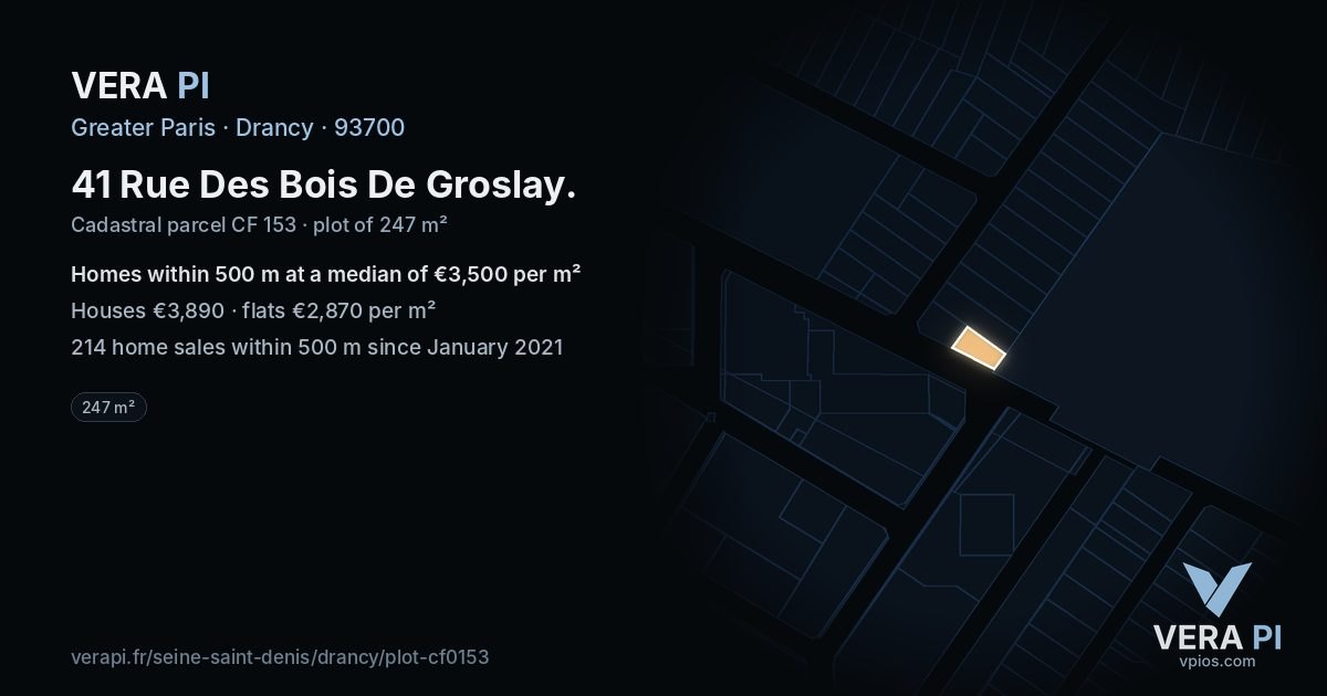 41 Rue Des Bois De Groslay, Drancy at night – the plot lit, the parcels around coloured by the prices near them