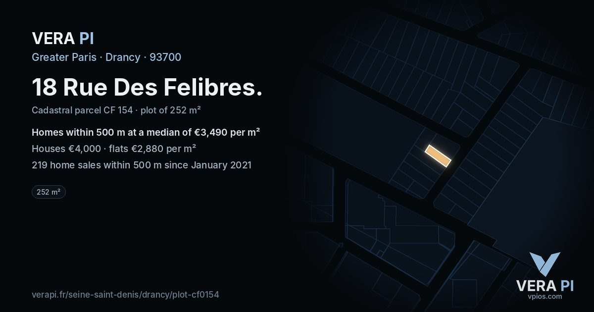 18 Rue Des Felibres, Drancy at night – the plot lit, the parcels around coloured by the prices near them