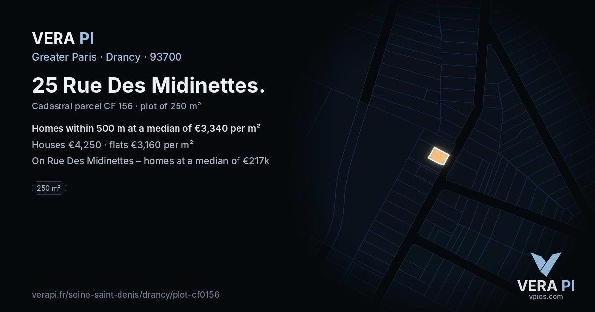 25 Rue Des Midinettes, Drancy at night – the plot lit, the parcels around coloured by the prices near them