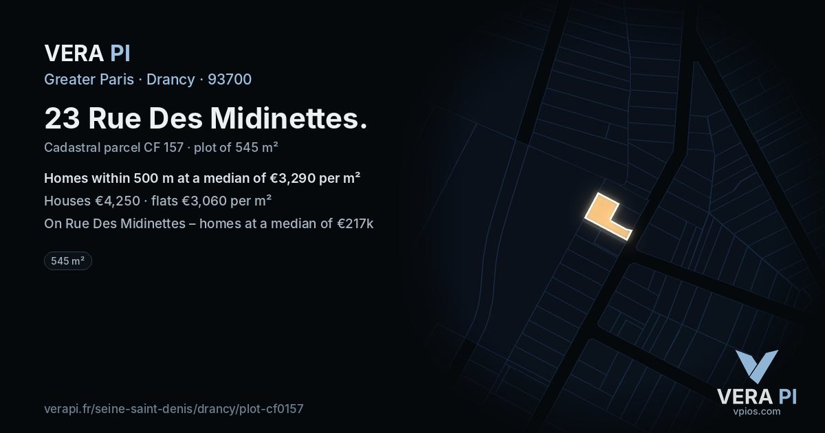 23 Rue Des Midinettes, Drancy at night – the plot lit, the parcels around coloured by the prices near them