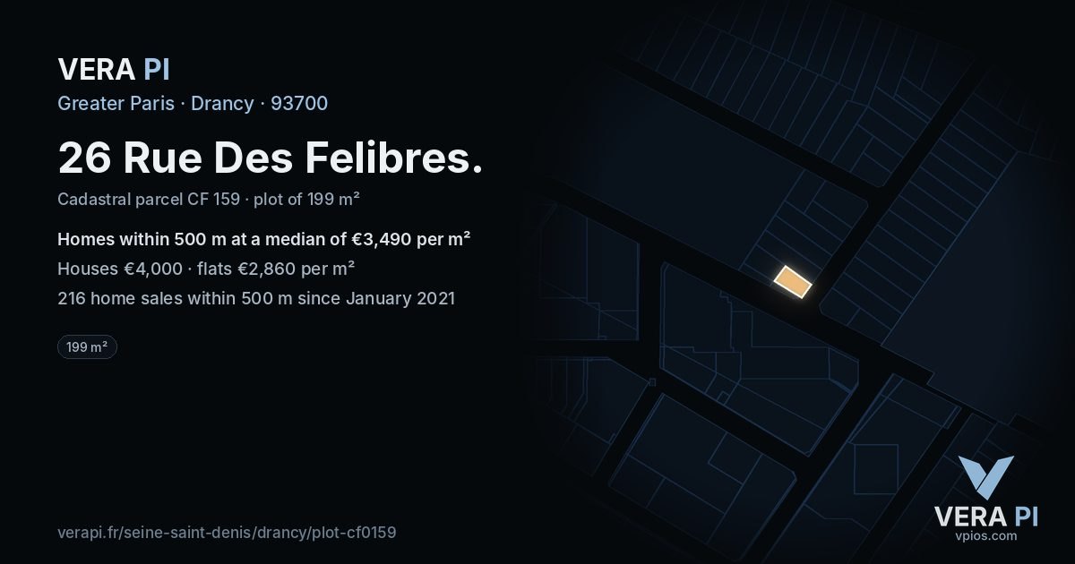 26 Rue Des Felibres, Drancy at night – the plot lit, the parcels around coloured by the prices near them