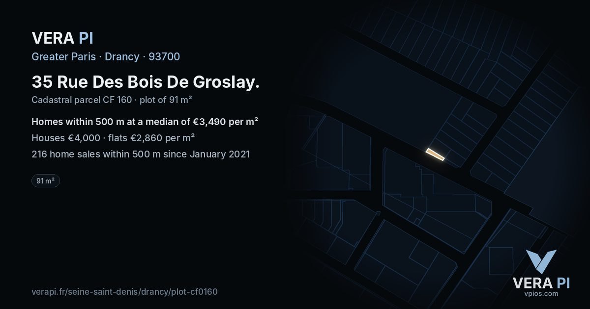 35 Rue Des Bois De Groslay, Drancy at night – the plot lit, the parcels around coloured by the prices near them