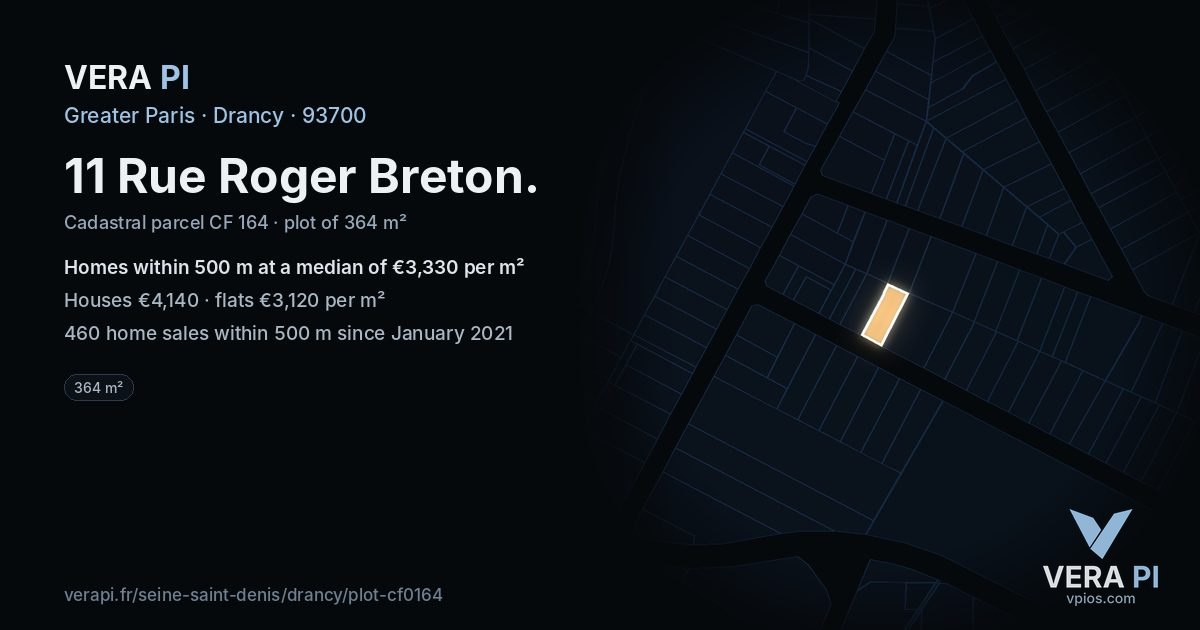 11 Rue Roger Breton, Drancy at night – the plot lit, the parcels around coloured by the prices near them