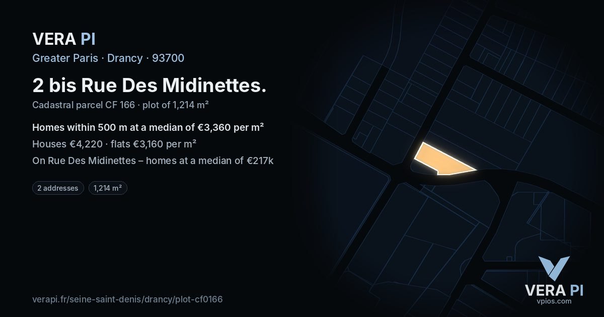 2 bis Rue Des Midinettes, Drancy at night – the plot lit, the parcels around coloured by the prices near them