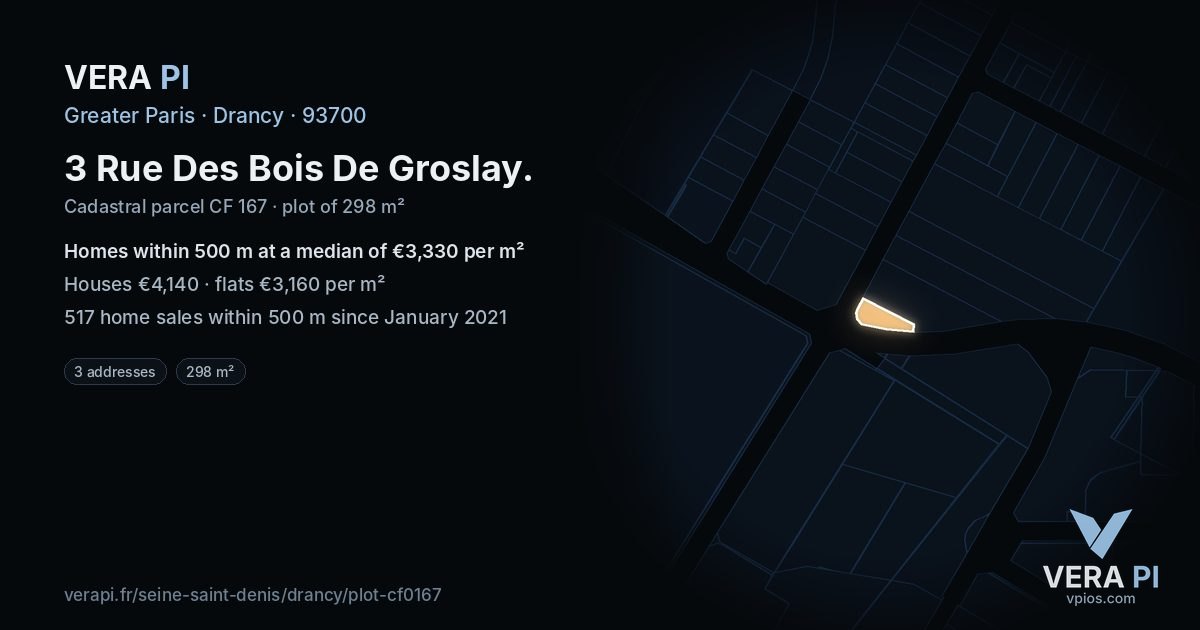 3 Rue Des Bois De Groslay, Drancy at night – the plot lit, the parcels around coloured by the prices near them