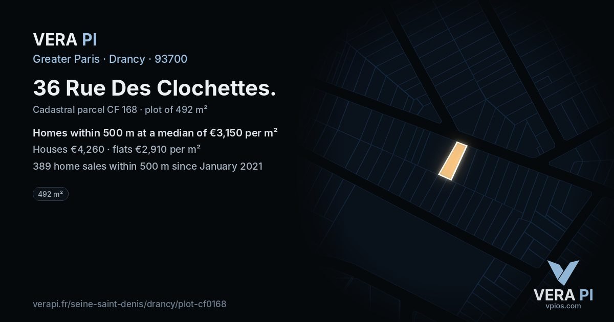 36 Rue Des Clochettes, Drancy at night – the plot lit, the parcels around coloured by the prices near them