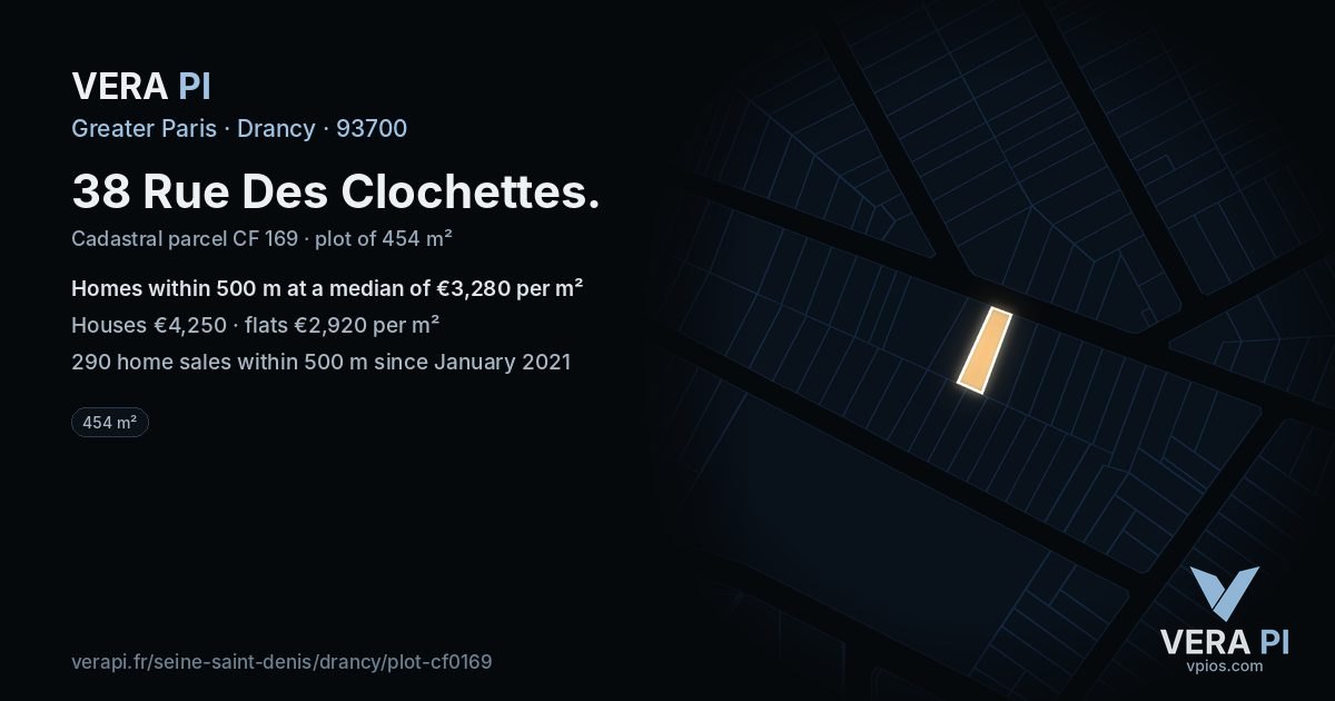 38 Rue Des Clochettes, Drancy at night – the plot lit, the parcels around coloured by the prices near them