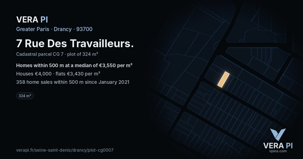 7 Rue Des Travailleurs, Drancy at night – the plot lit, the parcels around coloured by the prices near them