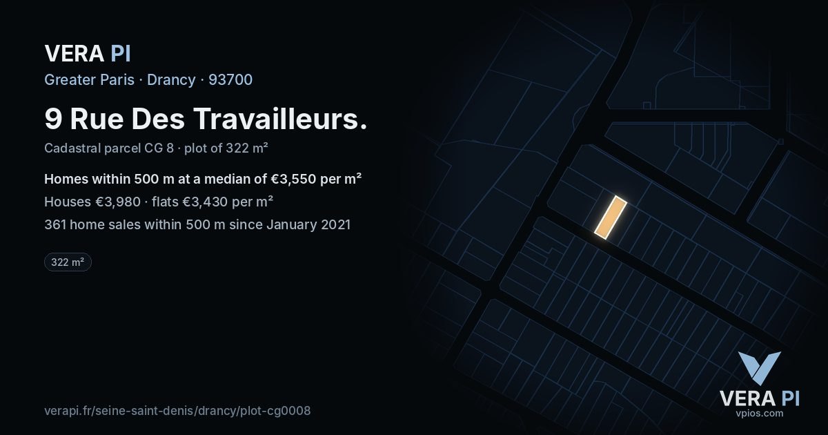 9 Rue Des Travailleurs, Drancy at night – the plot lit, the parcels around coloured by the prices near them