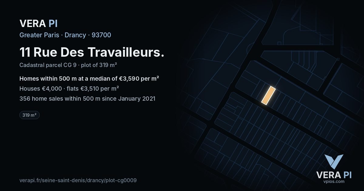 11 Rue Des Travailleurs, Drancy at night – the plot lit, the parcels around coloured by the prices near them