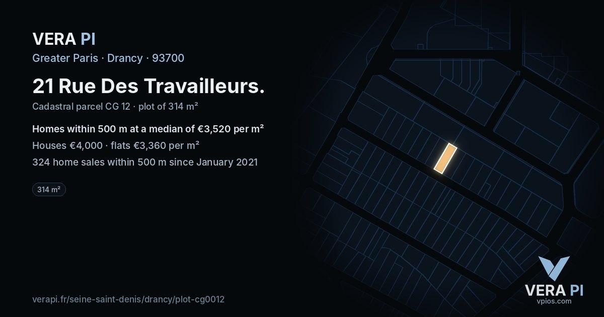 21 Rue Des Travailleurs, Drancy at night – the plot lit, the parcels around coloured by the prices near them