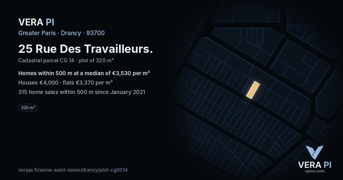 25 Rue Des Travailleurs, Drancy at night – the plot lit, the parcels around coloured by the prices near them
