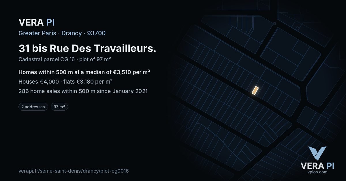31 bis Rue Des Travailleurs, Drancy at night – the plot lit, the parcels around coloured by the prices near them