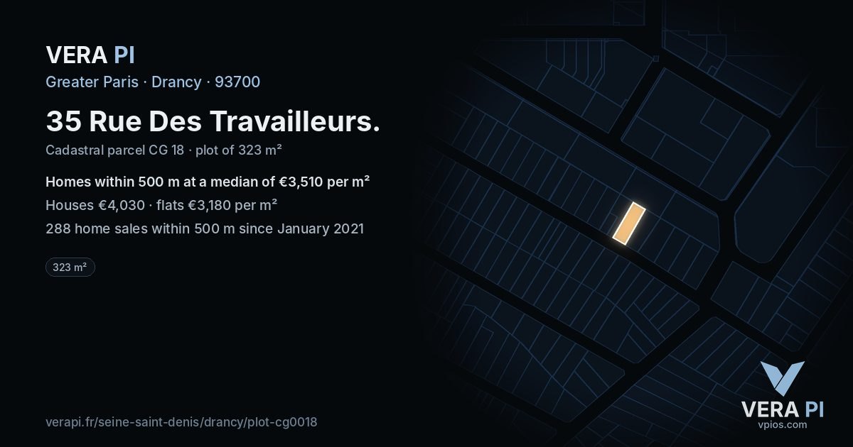 35 Rue Des Travailleurs, Drancy at night – the plot lit, the parcels around coloured by the prices near them
