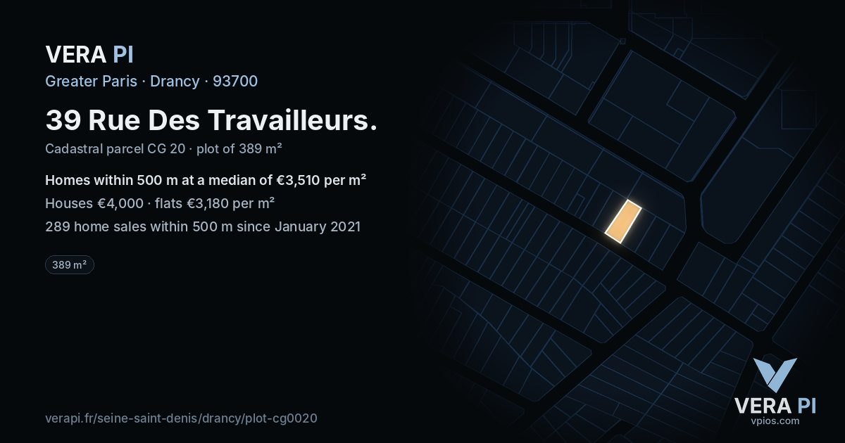 39 Rue Des Travailleurs, Drancy at night – the plot lit, the parcels around coloured by the prices near them