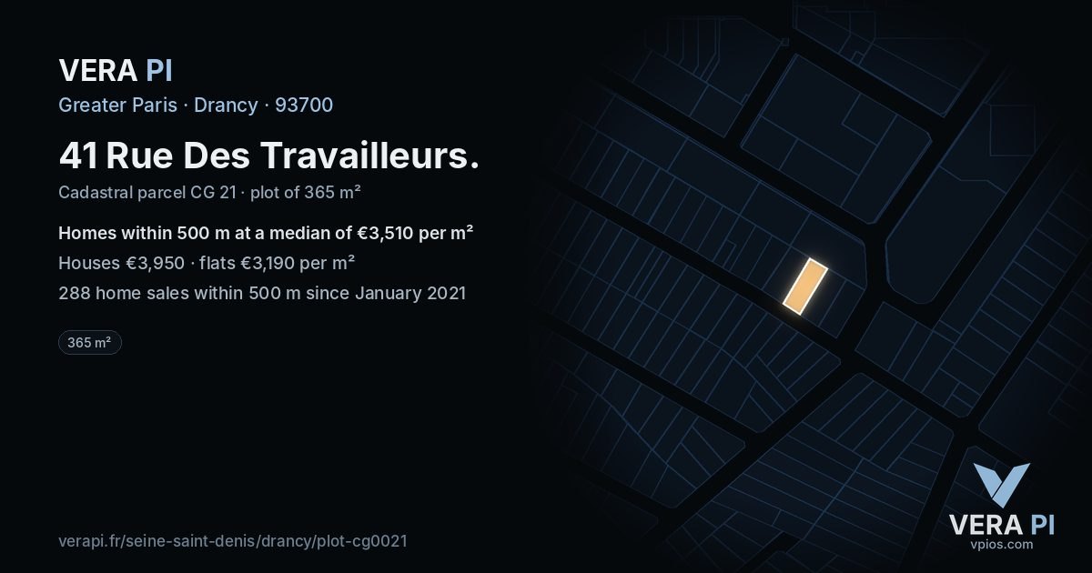 41 Rue Des Travailleurs, Drancy at night – the plot lit, the parcels around coloured by the prices near them