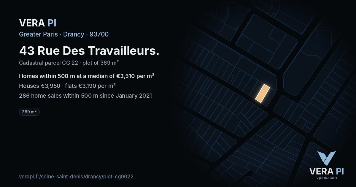 43 Rue Des Travailleurs, Drancy at night – the plot lit, the parcels around coloured by the prices near them
