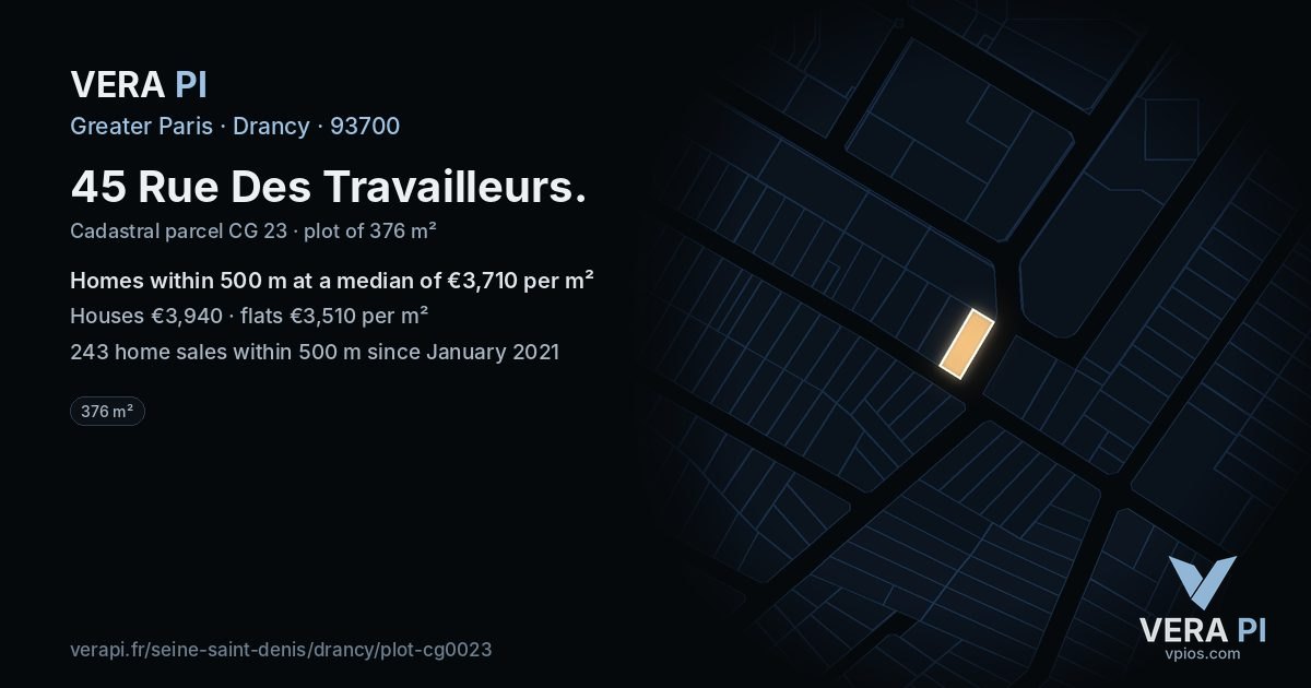45 Rue Des Travailleurs, Drancy at night – the plot lit, the parcels around coloured by the prices near them