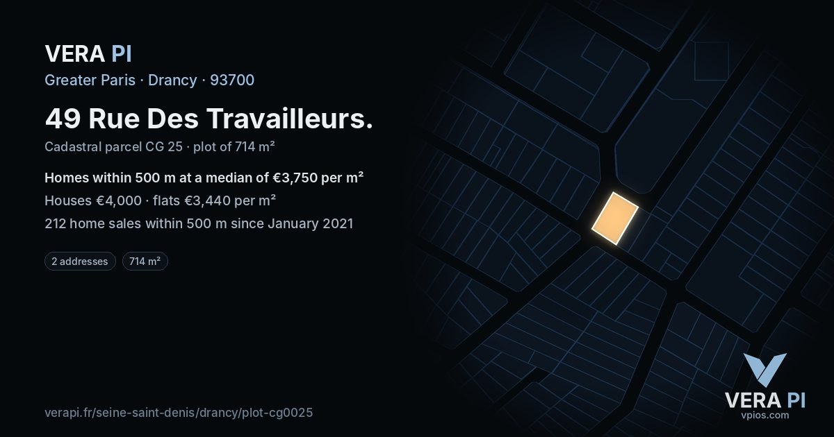 49 Rue Des Travailleurs, Drancy at night – the plot lit, the parcels around coloured by the prices near them