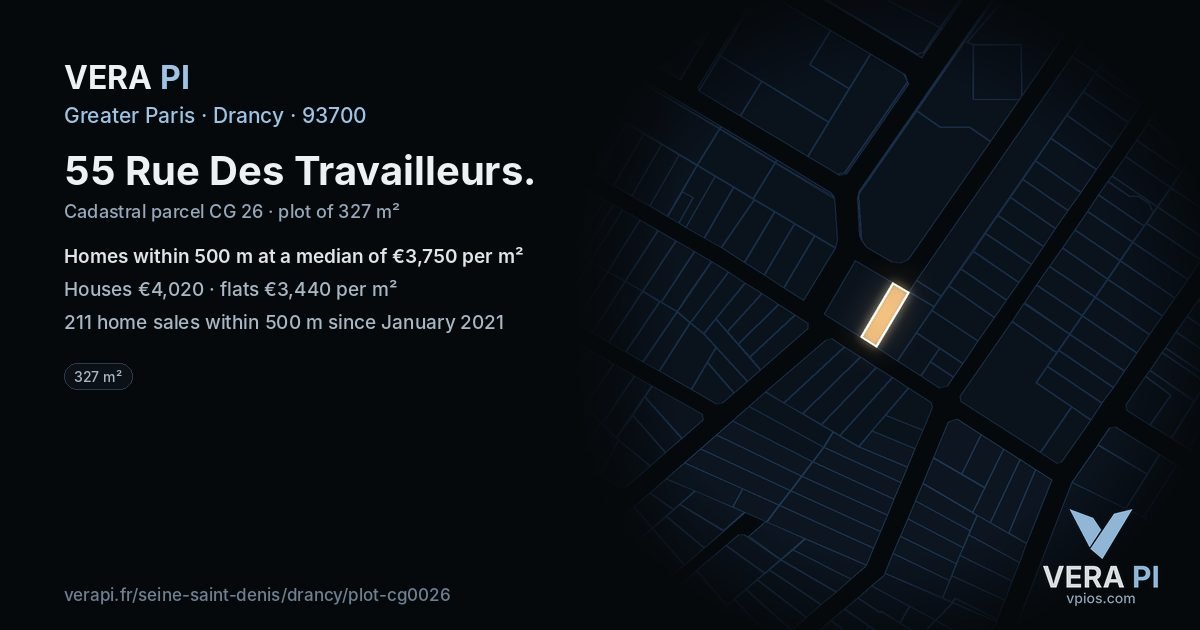 55 Rue Des Travailleurs, Drancy at night – the plot lit, the parcels around coloured by the prices near them