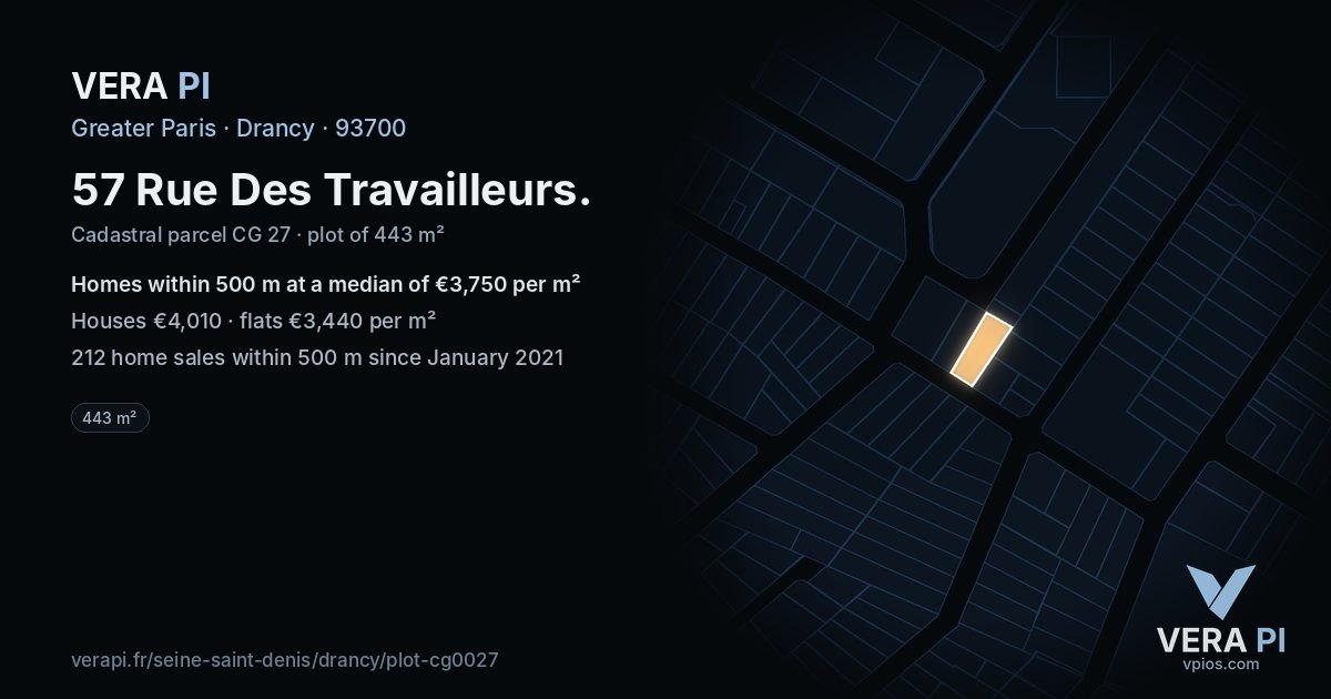 57 Rue Des Travailleurs, Drancy at night – the plot lit, the parcels around coloured by the prices near them