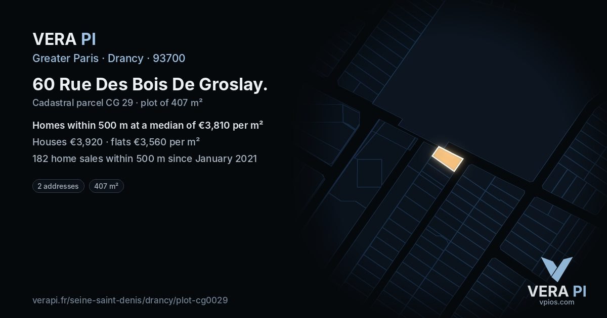 60 Rue Des Bois De Groslay, Drancy at night – the plot lit, the parcels around coloured by the prices near them