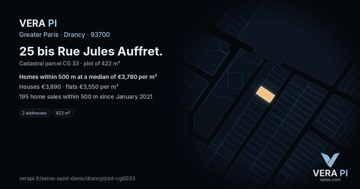 25 bis Rue Jules Auffret, Drancy at night – the plot lit, the parcels around coloured by the prices near them