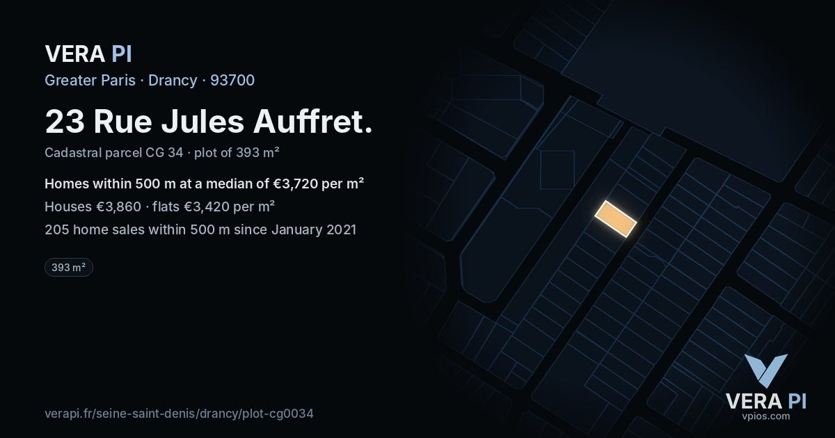 23 Rue Jules Auffret, Drancy at night – the plot lit, the parcels around coloured by the prices near them