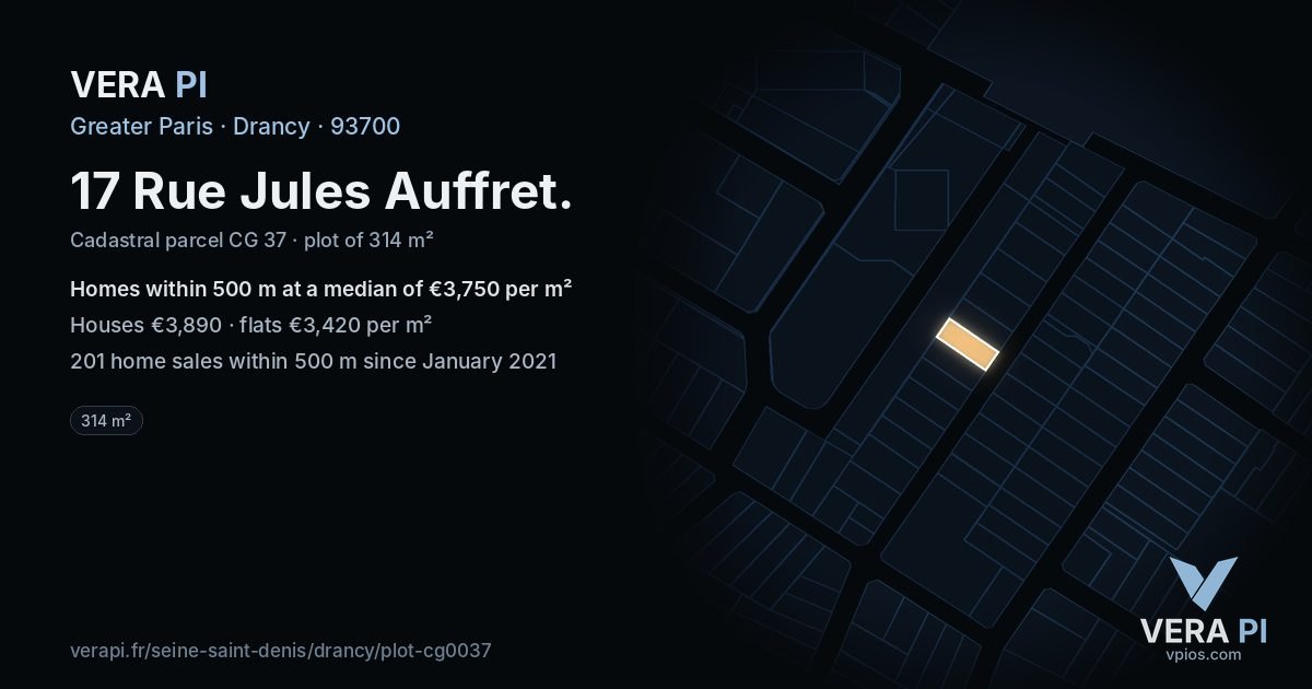 17 Rue Jules Auffret, Drancy at night – the plot lit, the parcels around coloured by the prices near them
