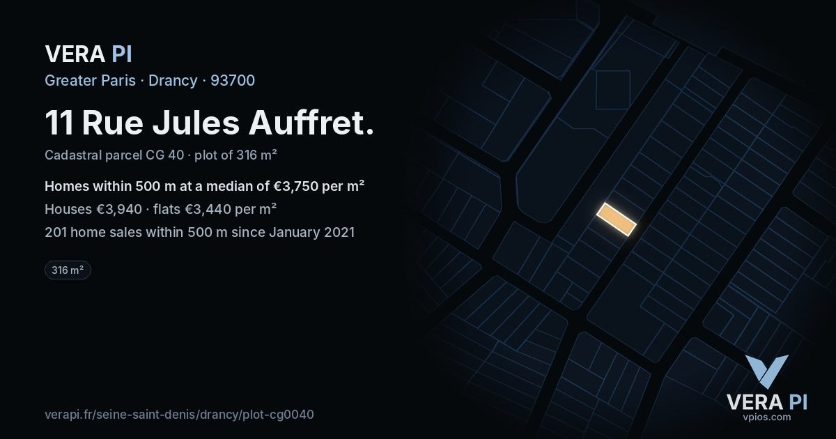 11 Rue Jules Auffret, Drancy at night – the plot lit, the parcels around coloured by the prices near them