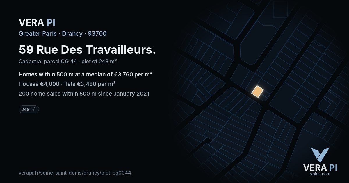 59 Rue Des Travailleurs, Drancy at night – the plot lit, the parcels around coloured by the prices near them