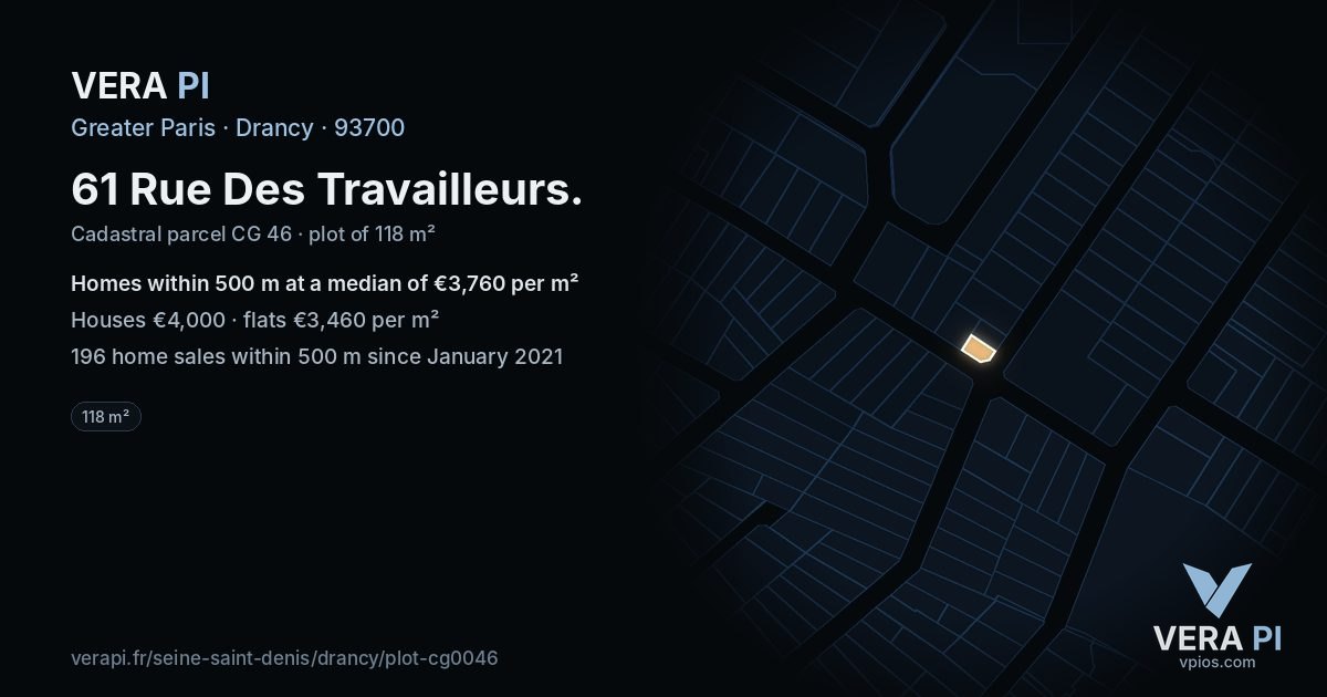 61 Rue Des Travailleurs, Drancy at night – the plot lit, the parcels around coloured by the prices near them