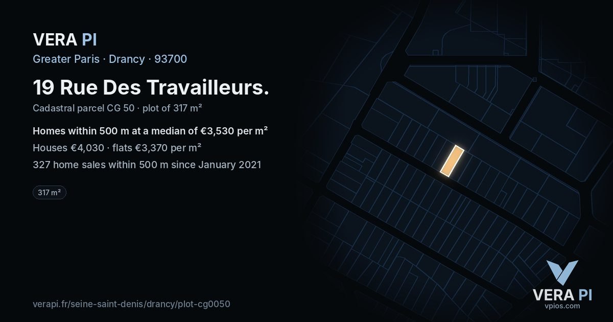 19 Rue Des Travailleurs, Drancy at night – the plot lit, the parcels around coloured by the prices near them