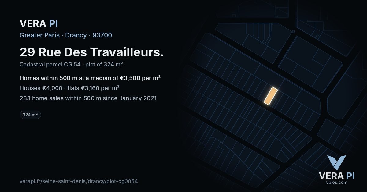 29 Rue Des Travailleurs, Drancy at night – the plot lit, the parcels around coloured by the prices near them