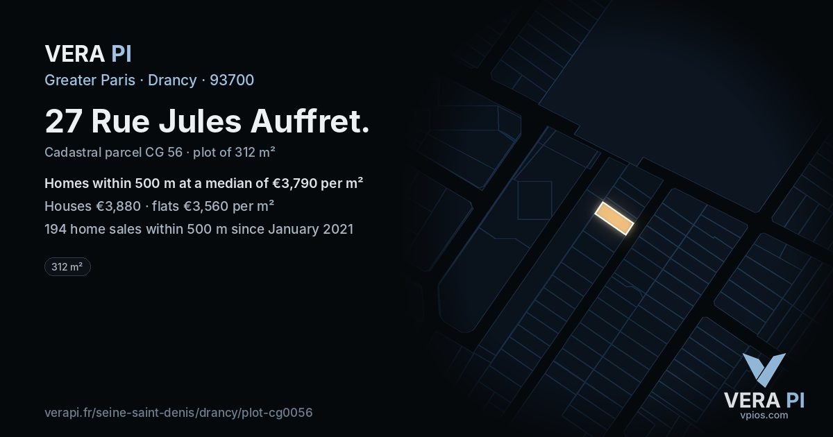27 Rue Jules Auffret, Drancy at night – the plot lit, the parcels around coloured by the prices near them