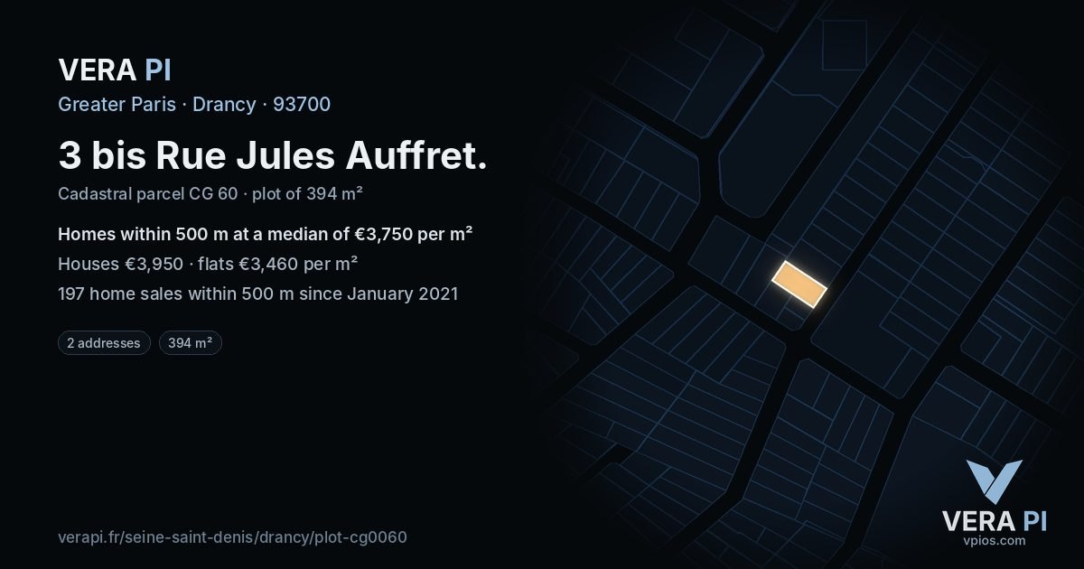3 bis Rue Jules Auffret, Drancy at night – the plot lit, the parcels around coloured by the prices near them