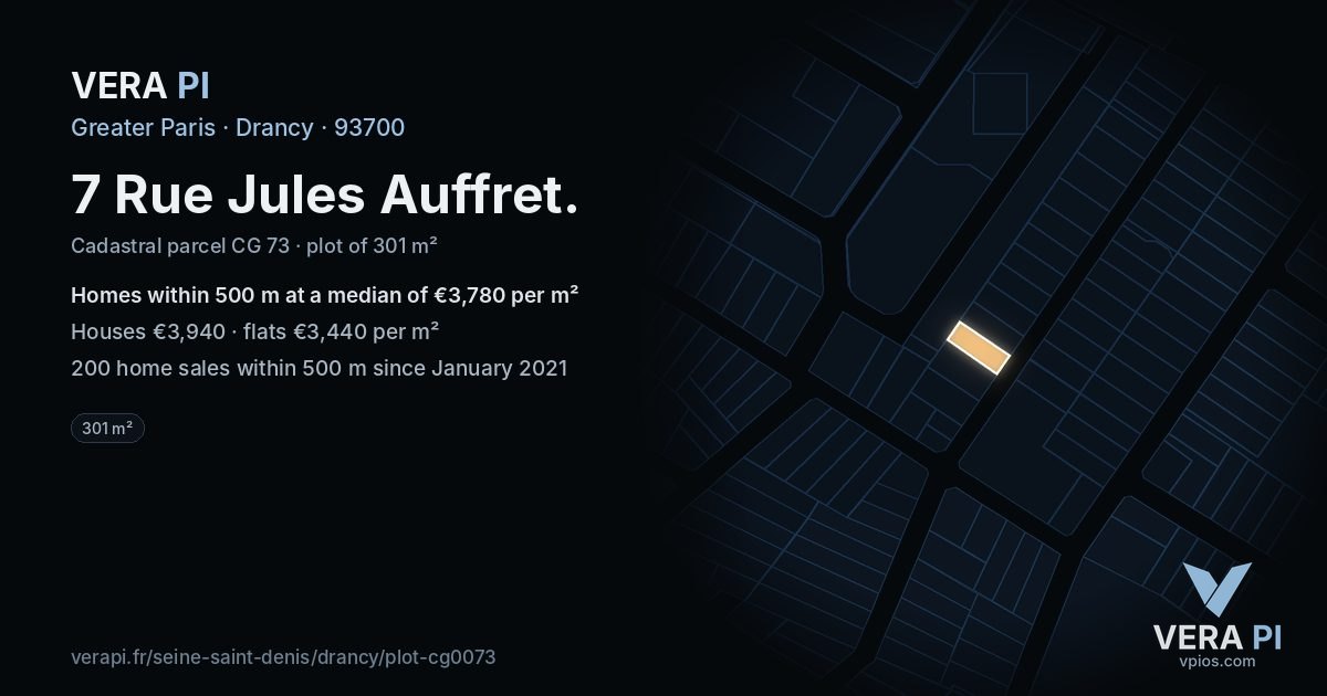 7 Rue Jules Auffret, Drancy at night – the plot lit, the parcels around coloured by the prices near them